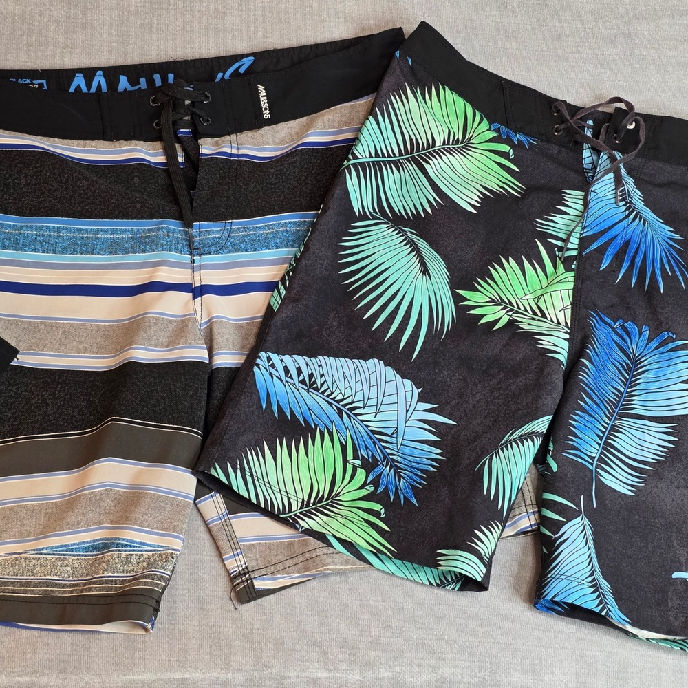 Lot of 2 Hurley Maui & Sons Board Shorts Mens 32 Black Tropical Striped Swim